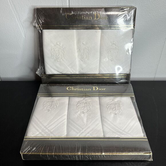 CHRISTIAN DIOR Mens "J” Monogrammed Handkerchiefs 2 3-Pack White Cotton Vintage - Picture 2 of 7
